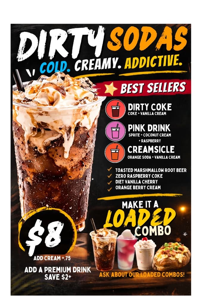 Dirty Sodas menu featuring Dirty Coke, Pink Drink, and Creamsicle